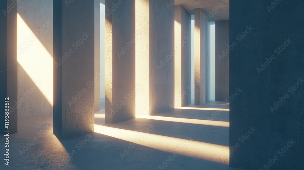 Fototapeta premium Illuminated architectural space modern building interior design minimalist environment angular viewpoint light and shadow concept