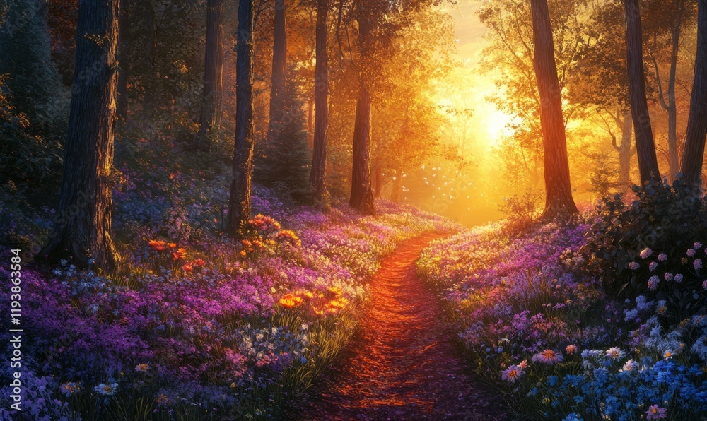 Fototapeta premium Sunset Path Through A Flower Filled Forest
