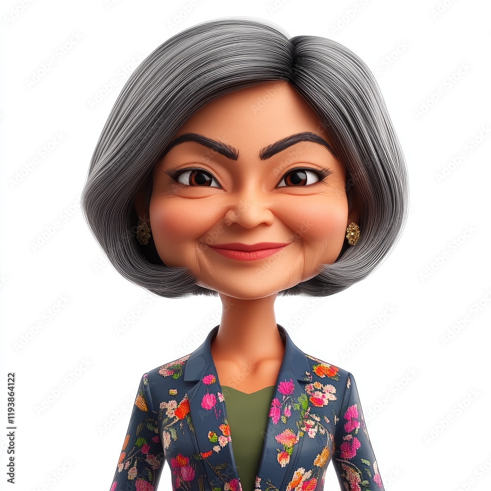 3D creation of an elderly Indian woman with short bob hairstyle and dressed in a stylish jacket on a plain background 3D creation of an elderly Indian woman with short bob hairstyle and dressed in a stylish jacket on a plain background