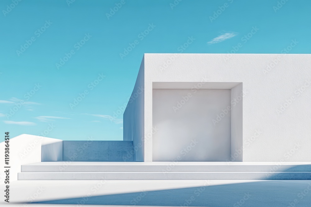 Minimalist Podium Display with White Plaster Background and Blue Sky for Modern Product Presentation