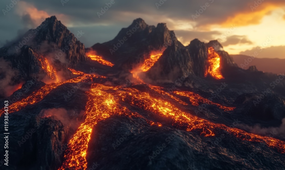 Fototapeta premium Volcanic rock formations with molten lava flows , fiery, mountainous terrain