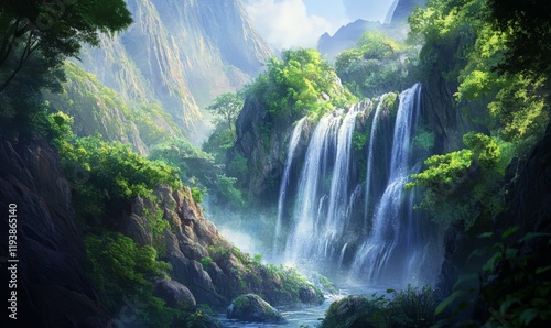 Waterfalls cascading down a rocky mountain cliff with lush greenery, greenery, waterfall