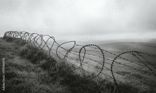 Wide-angle shot of a rolling hillside covered in a thick layer of barbed wire, rural, scenery