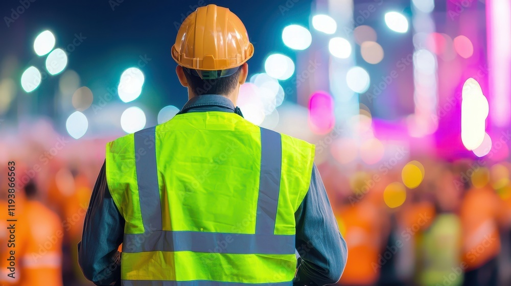 Construction worker overseeing site safety at night urban environment action scene professional viewpoint