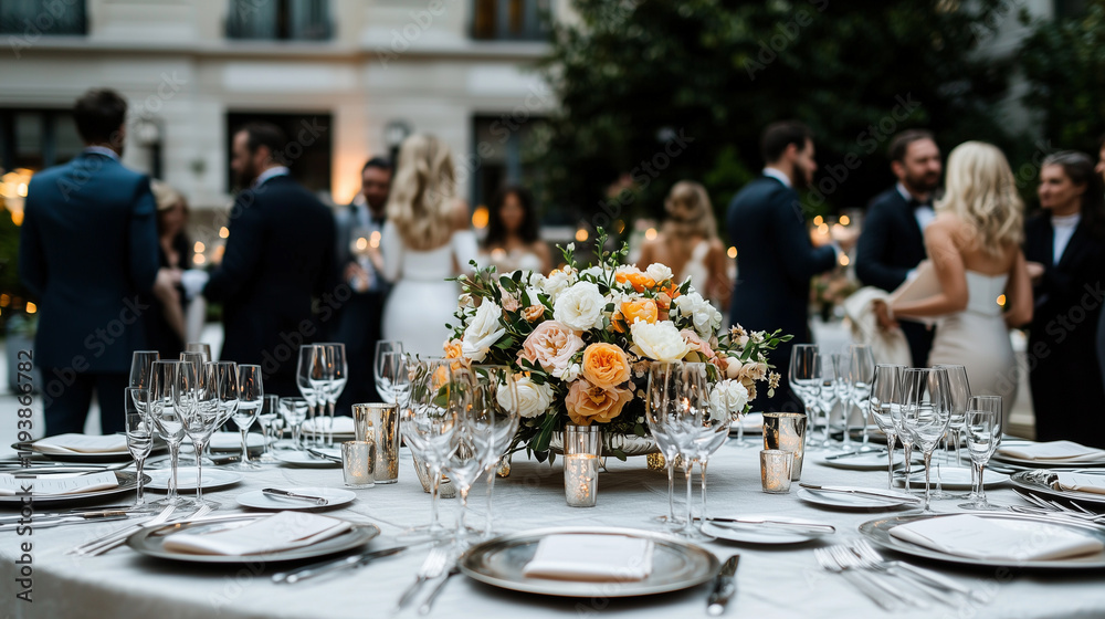 A grand outdoor dinner table set with fine silverware, elegant linens, and floral centerpieces, surrounded by impeccably dressed high-society guests A grand outdoor dinner table set with fine silverware, elegant linens, and floral centerpieces, surrounded by impeccably dressed high-society guests