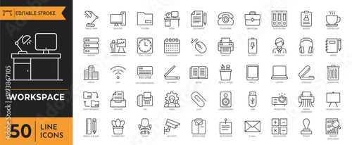 Workspace icon set. Workplace icon. Containing Work, team, office tools, time management, documents and more. Vector illustration