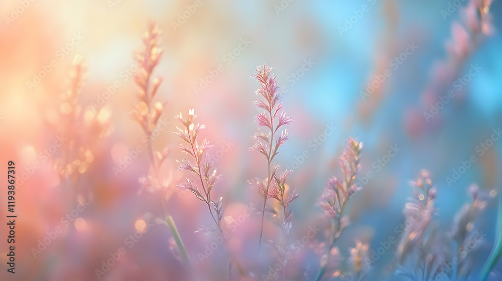 Soft Pastel Nature Background with Delicate Grass Blades at Sunset Soft Pastel Nature Background with Delicate Grass Blades at Sunset