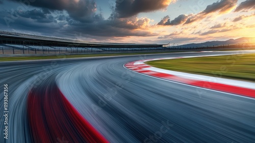 Race track curve at sunset, motion blur. Ideal for speed, racing, and sports themes. photo