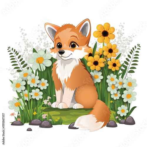 A cute little fox sits surrounded by bright flowers in a clearing in the forest. Vector bright cartoon illustration for decorating children's room, clothes, designing covers, wallpapers, cards design.