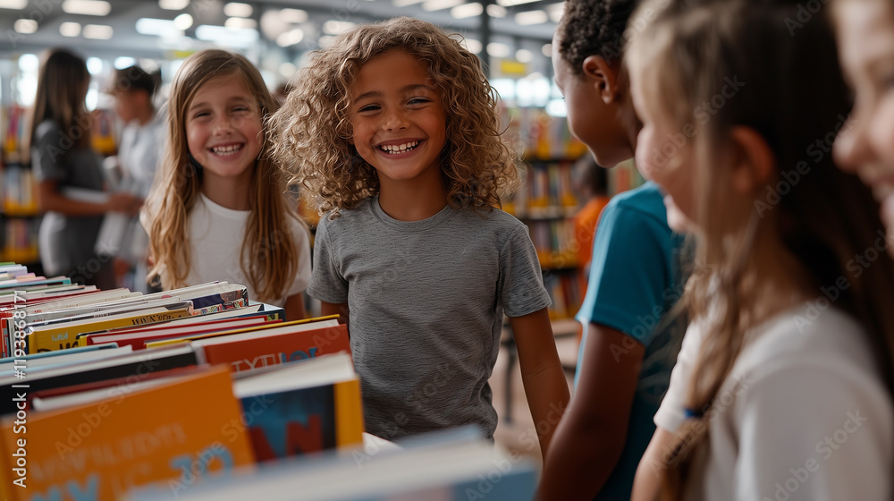 A group of diverse children smiling and interacting as they explore a collection of new books at a library display A group of diverse children smiling and interacting as they explore a collection of new books at a library display
