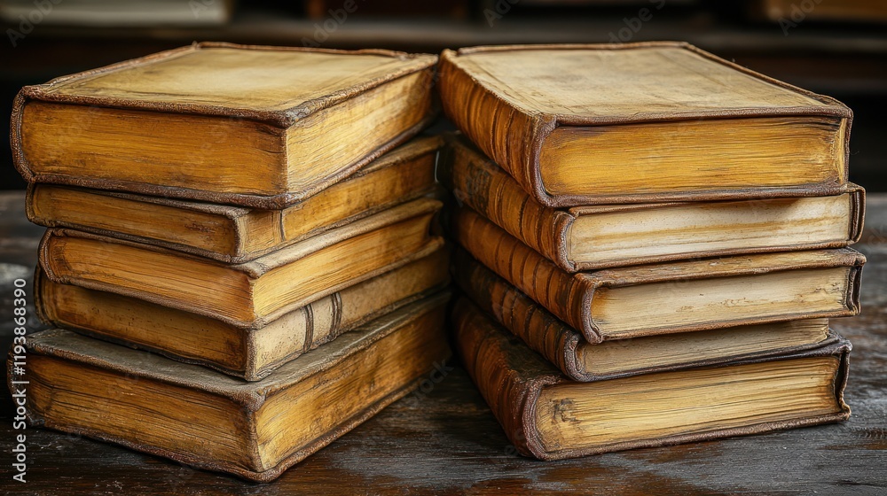 Antique books stacked on table in library, blurred bookshelf background, research/study. Antique books stacked on table in library, blurred bookshelf background, research/study.