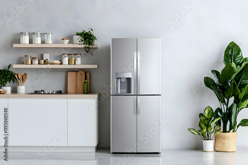 Modern Kitchen Refrigerator in Stylish Home Setting,  featuring  French Door Design with Water Dispenser, complements a Minimalist Decor.