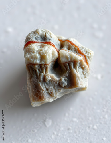 Detalised close-up photo of microstructure on raw zirkonium tooth on light grey background, enhance. isolated with white highlights photo