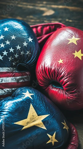 Boxing gloves representing USA and China display national colors and symbols during sports rivalry discussion in a dynamic setting