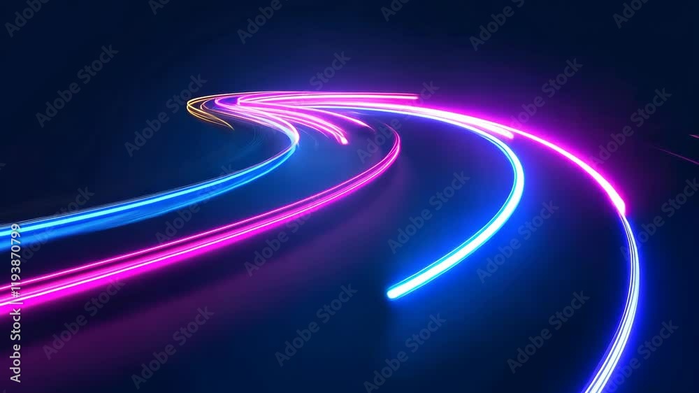 Vibrant light trails create an abstract pattern in a dark setting, showcasing neon colors and dynamic movement