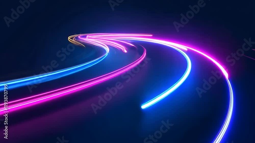 Vibrant light trails create an abstract pattern in a dark setting, showcasing neon colors and dynamic movement
