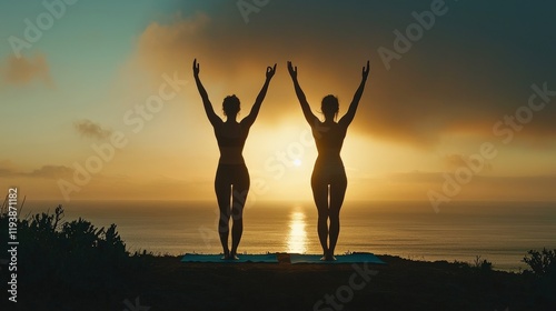 A serene couple practicing yoga together, emphasizing mutual respect and balance