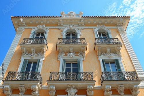 architectural beauty of Renaissance style building features symmetrical arched windows and decorative pilasters set against vibrant blue sky highlighting its classical elegance. photo