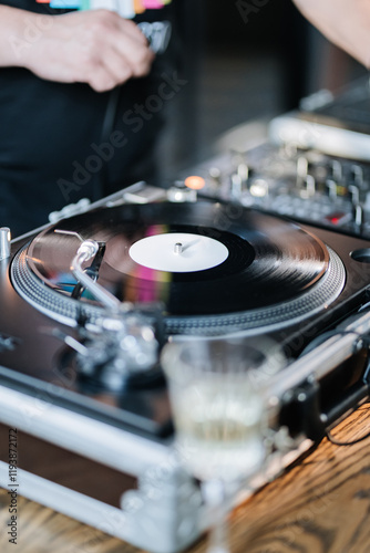 Vinyl record playing on a turntable, capturing the essence of retro music and vintage vibes