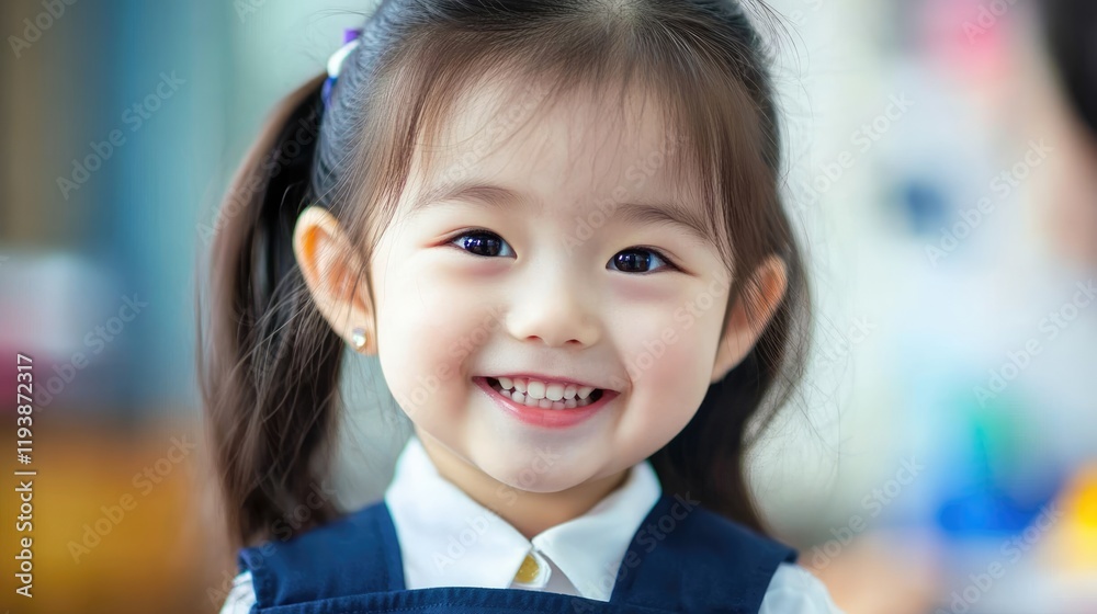 Little cute smiling Asian schoolgirl wearing uniform in classroom looking into camera. Back to school concept