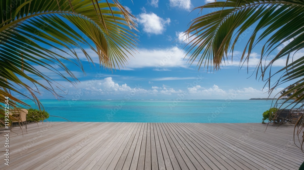 Obraz premium A serene tropical view with vibrant blue waters framed by palm leaves, creating a peaceful atmosphere for relaxation.