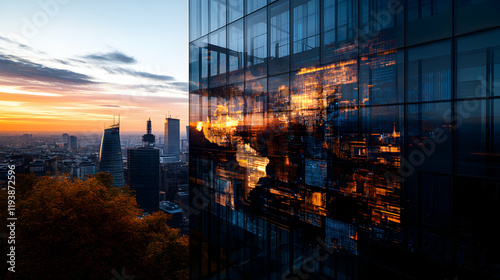 Wallpaper Mural Urban Skyline at Sunrise, Data Reflects on Glass Facade of Modern Building, Illuminating City's Technological Advancement Torontodigital.ca