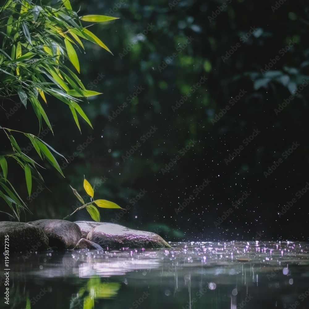 Naklejka premium Tranquil Spa Background Bamboo Stones Water Reflection Sunlight