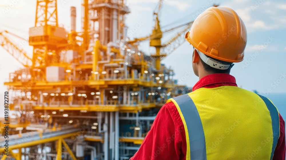 Construction worker observing oil rig operations offshore platform industrial photography daylight wide angle safety awareness