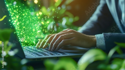 Finance manager in an eco office integrating green elements for effective financial management photo