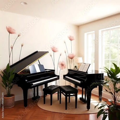 Two Black Grand Pianos in a Room with Floral Decor