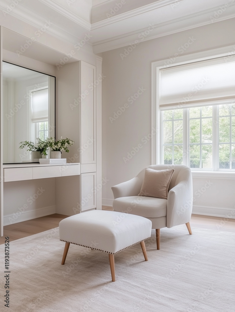 Fototapeta premium modern living room featuring white armchair, ottoman, and mirror. serene atmosphere is enhanced by natural light and neutral tones.