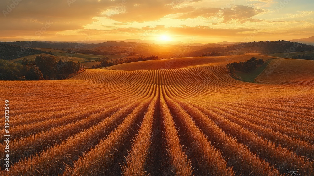 Fototapeta premium Tranquil Golden Fields at Sunset with Rolling Hills and Striped Crop Patterns under a Colorful Sky