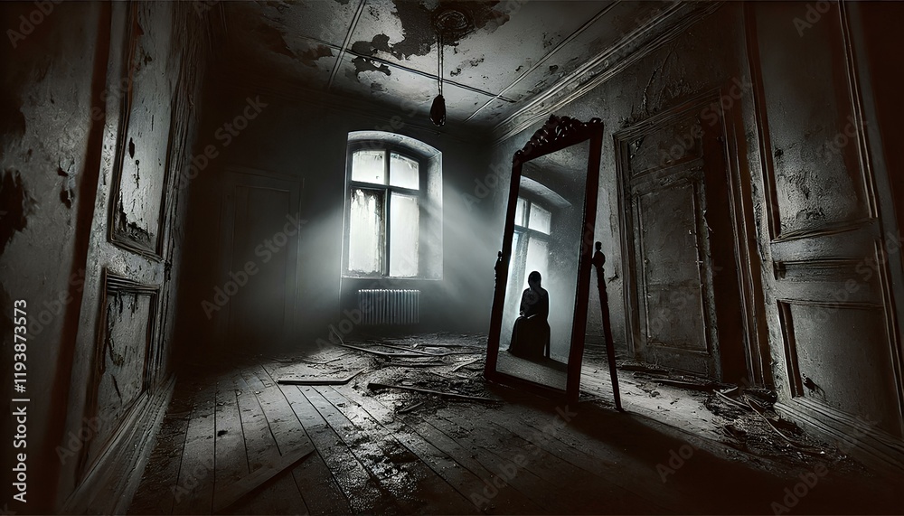 Obraz premium A gloomy room with a mirror containing an otherworldly figure