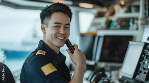 Smiling Asian officer on ship's bridge using phone near control panels with boat outside photo