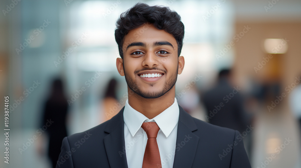smiling young professional in formal suit exudes confidence and positivity. background features modern office environment, enhancing professional atmosphere. smiling young professional in formal suit exudes confidence and positivity. background features modern office environment, enhancing professional atmosphere.