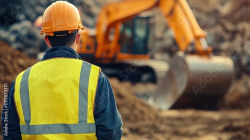 Construction worker observing heavy machinery operation at job site urban environment safety and efficiency focus photo