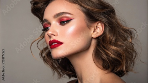 A stunning portrait featuring a model with bright expressive features. She dons a classic makeup look with soft smokey eyes and berrytoned lips. The bold addition of neon red photo