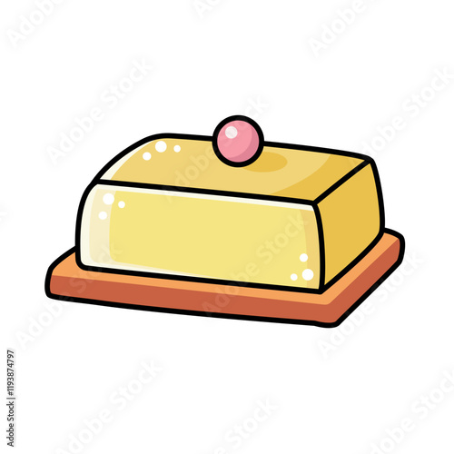 Vector icon yellow covered butter dish with woody elements. Illustration isolated on white background