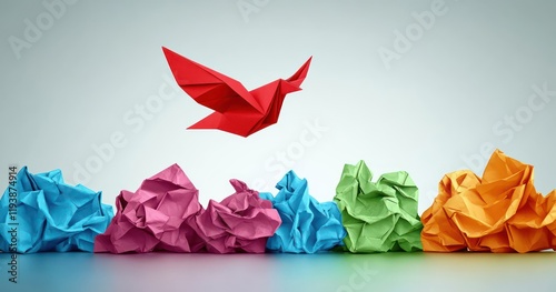 Innovation and Creativity Symbolized by an Origami Bird Soaring Above Crumpled Papers Representing New Ideas and Individuality in Thinking