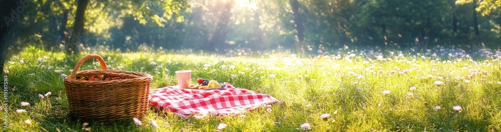 Summer Picnic in Meadow with Wicker Basket and Checkered Cloth under Sunny Trees Summer Picnic in Meadow with Wicker Basket and Checkered Cloth under Sunny Trees