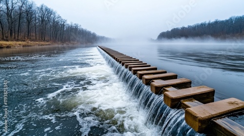 Wallpaper Mural A serene river scene featuring a wooden dam, with cascading water and misty surroundings, creating a tranquil atmosphere. Torontodigital.ca