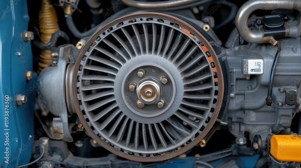 A close-up of an engine component showcasing a fan and intricate mechanical parts, highlighting industrial design and engineering. A close-up of an engine component showcasing a fan and intricate mechanical parts, highlighting industrial design and engineering.