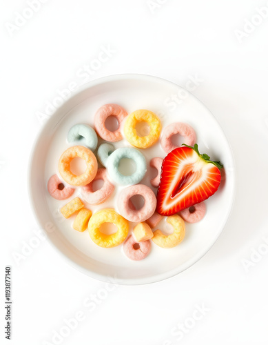 Wallpaper Mural Bowl of colorful sweet cereal rings with milk and cut strawberry on white background, flat design. isolated with white highlights Torontodigital.ca