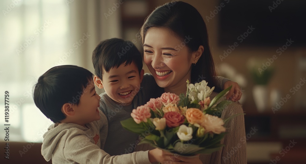 Joyful Family Moment with Flowers at Home - A heartwarming scene capturing a family enjoying quality time together amidst a vibrant display of colorful flowers in a cozy home setting. Joyful Family Moment with Flowers at Home - A heartwarming scene capturing a family enjoying quality time together amidst a vibrant display of colorful flowers in a cozy home setting.