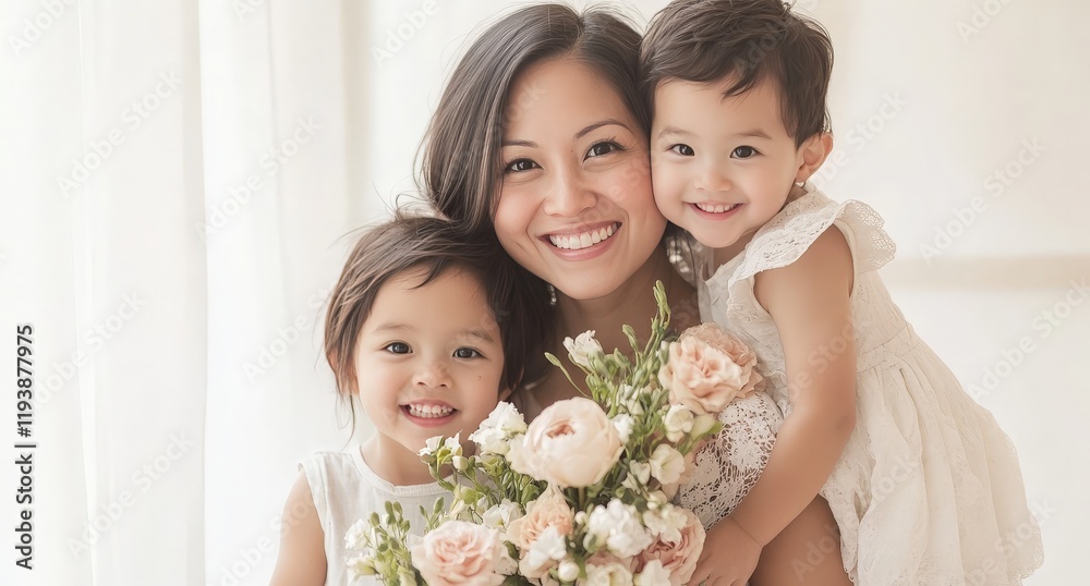 Joyful Family Portrait with Floral Bouquet in Bright Setting - A Heartwarming Moment Captured in a Lively Atmosphere Joyful Family Portrait with Floral Bouquet in Bright Setting - A Heartwarming Moment Captured in a Lively Atmosphere