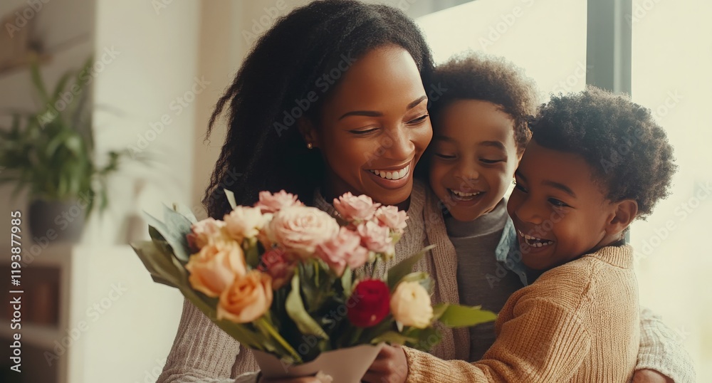 Joyful Family Moment with Bouquet in Sunlit Living Room Joyful Family Moment with Bouquet in Sunlit Living Room