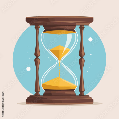 Wooden hourglass with falling sand. Antique clock, symbol of patience and running time, retro glass clocks with wooden ornaments, Realistic, vector illustration.