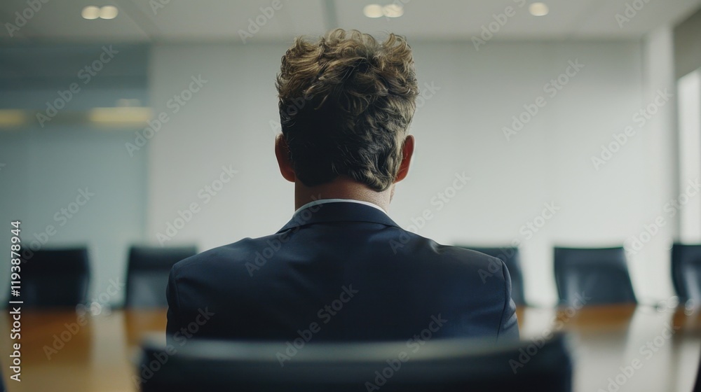 man in suit sits in conference room, facing away from camera, conveying sense of anticipation and professionalism. modern setting enhances corporate atmosphere man in suit sits in conference room, facing away from camera, conveying sense of anticipation and professionalism. modern setting enhances corporate atmosphere