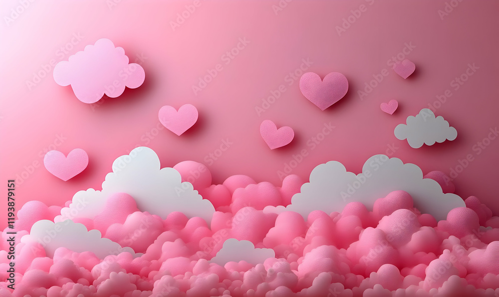 Fototapeta premium Pink hearts, clouds, pastel background, love, Valentine's