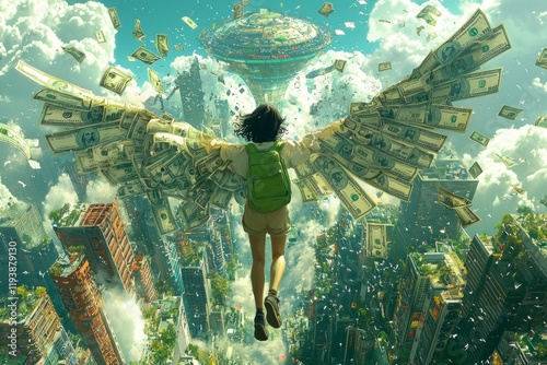 woman oversized money bill wings soars through vibrant sky floating shopping mall adorned large sale signs highlighting humorous and imaginative atmosphere.